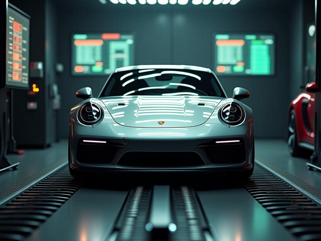 High performance sports car on a dyno machine during tuning session